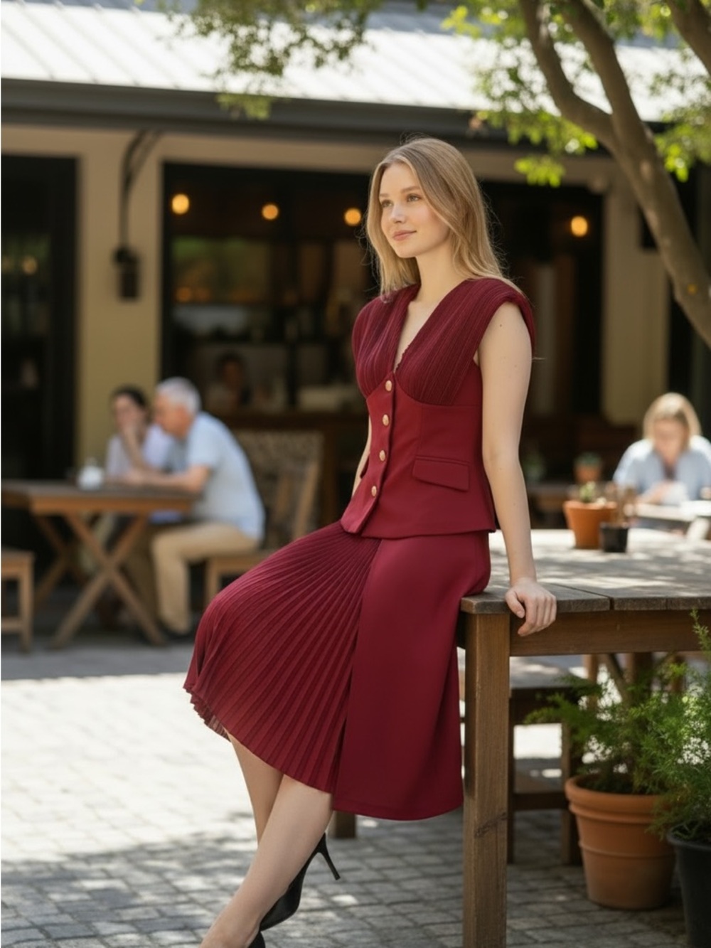 Burgundy Sleeveless vest with Midi Skirt with Pleated Panel, brand new